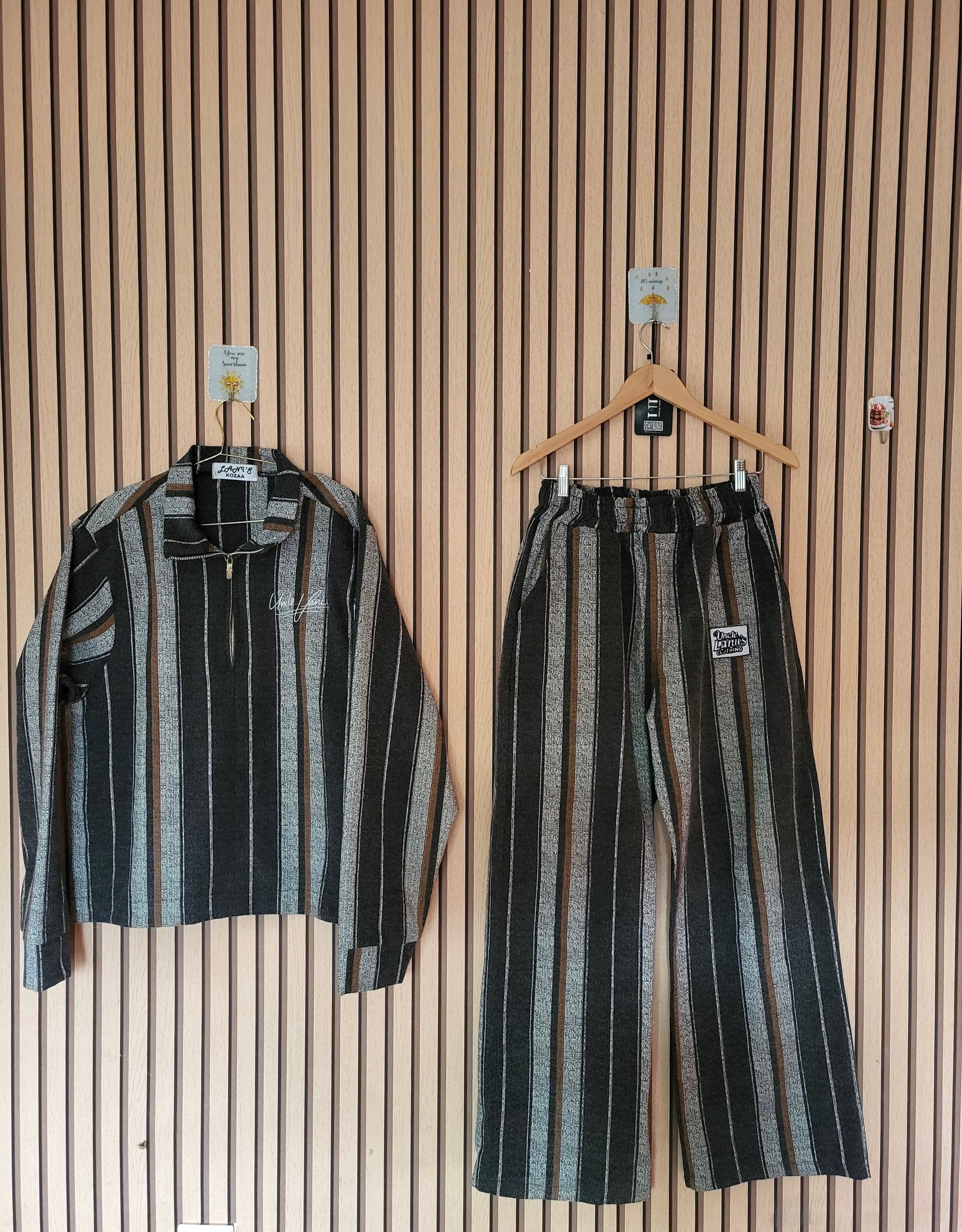 Uncle Lani's Black & Silver Metallic Stripe Zip Jacket & Wide-Leg Pants Set