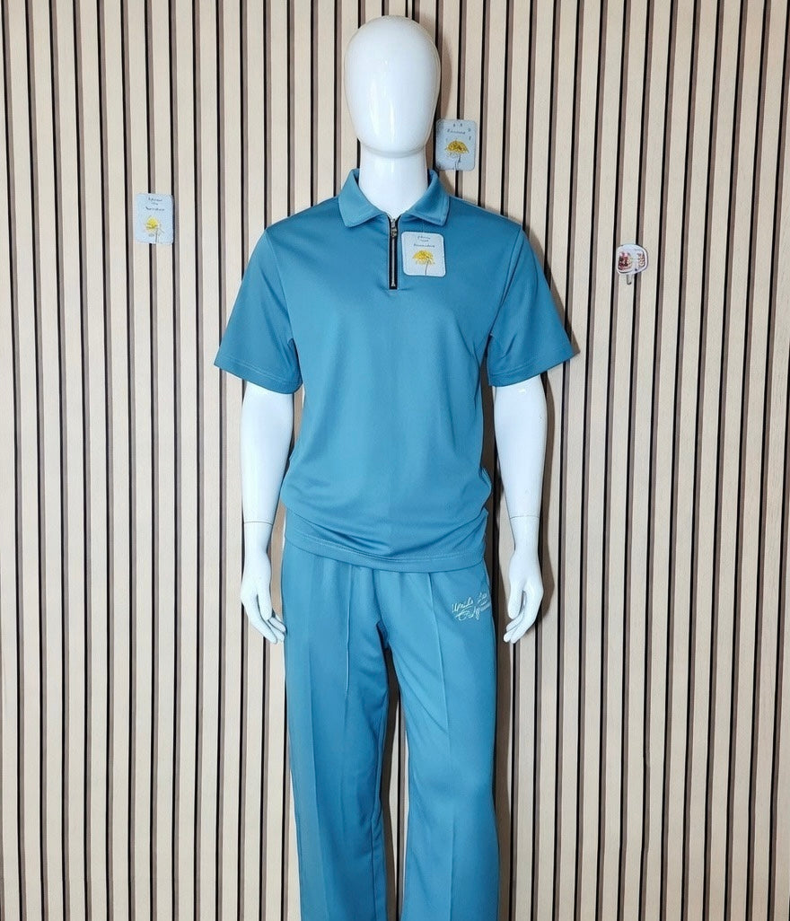 Uncle Lani's Sky Blue Zip Polo & Wide-Leg Pants Set