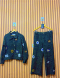 Uncle Lani's Dark Denim Multi-Badge Jacket & Wide-Leg Pants Set