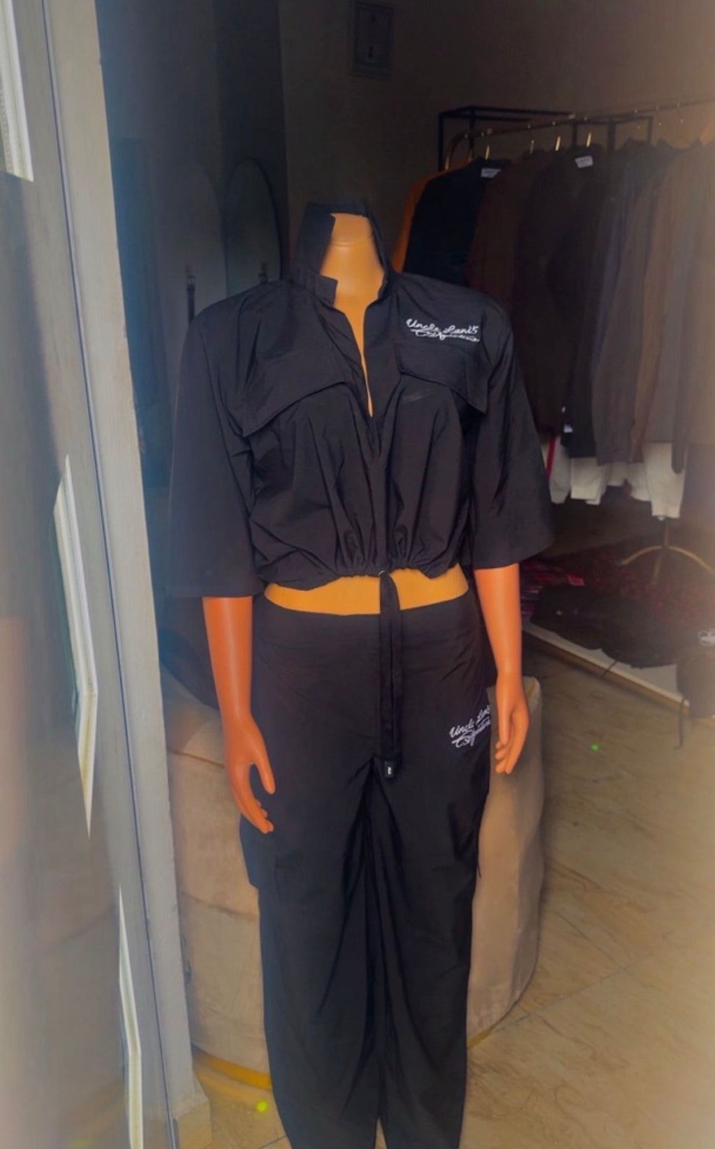 Uncle Lani's Black Zip Crop Jacket & Cargo Pants Set
