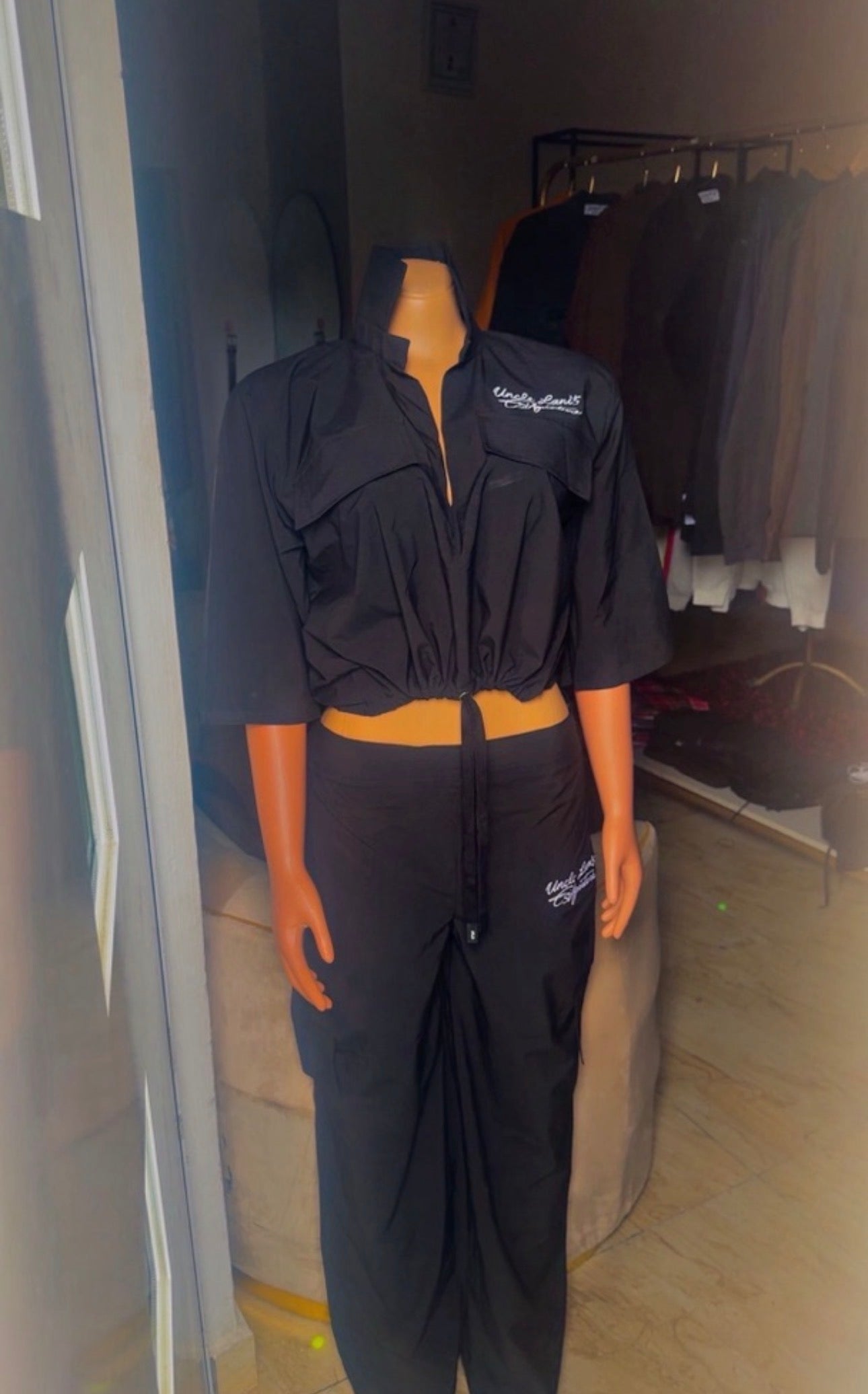 Uncle Lani's Black Zip Crop Jacket & Cargo Pants Set