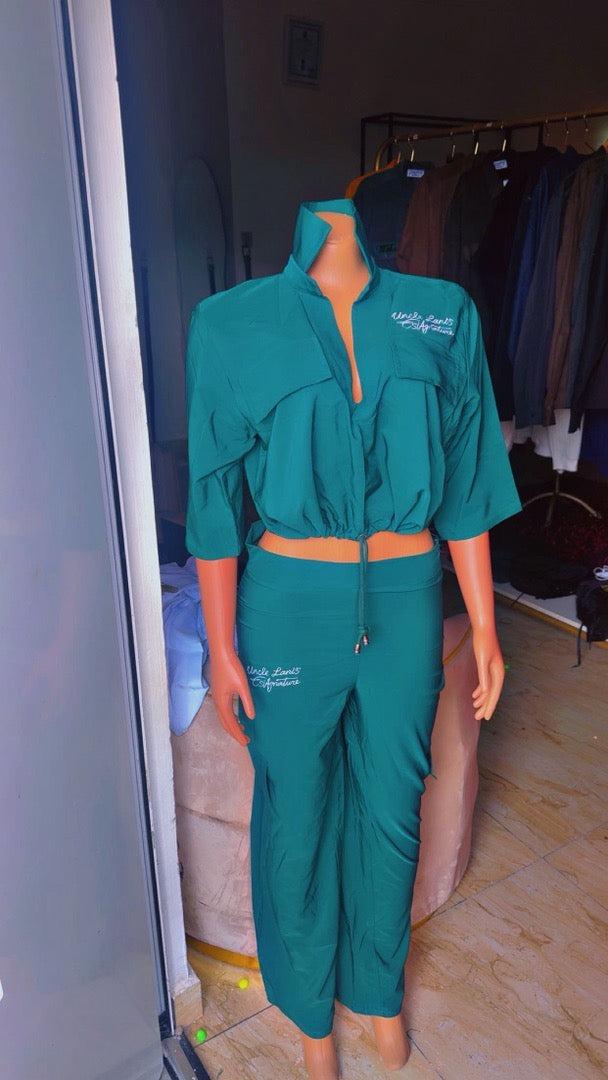 Uncle Lani's Black Zip Crop Jacket & Cargo Pants Set