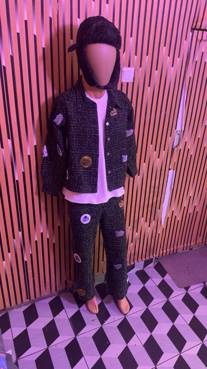 Uncle Lani's Dark Denim Multi-Badge Jacket & Wide-Leg Pants Set