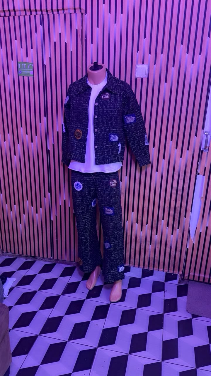 Uncle Lani's Dark Denim Multi-Badge Jacket & Wide-Leg Pants Set