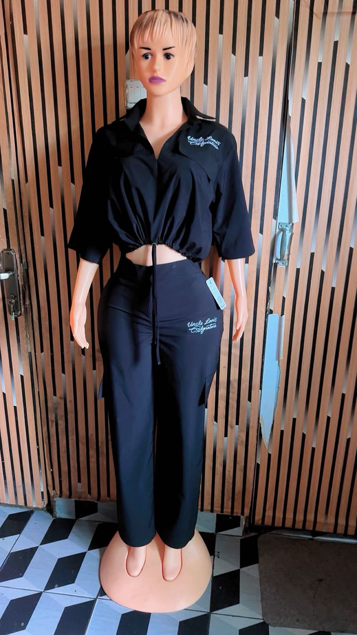 Uncle Lani's Black Zip Crop Jacket & Cargo Pants Set