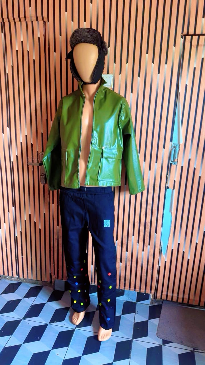 ULC Green Faux Leather Jacket & Navy Polka Dot Pants Set - Full Look