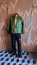 ULC Green Faux Leather Jacket & Navy Polka Dot Pants Set - Front View