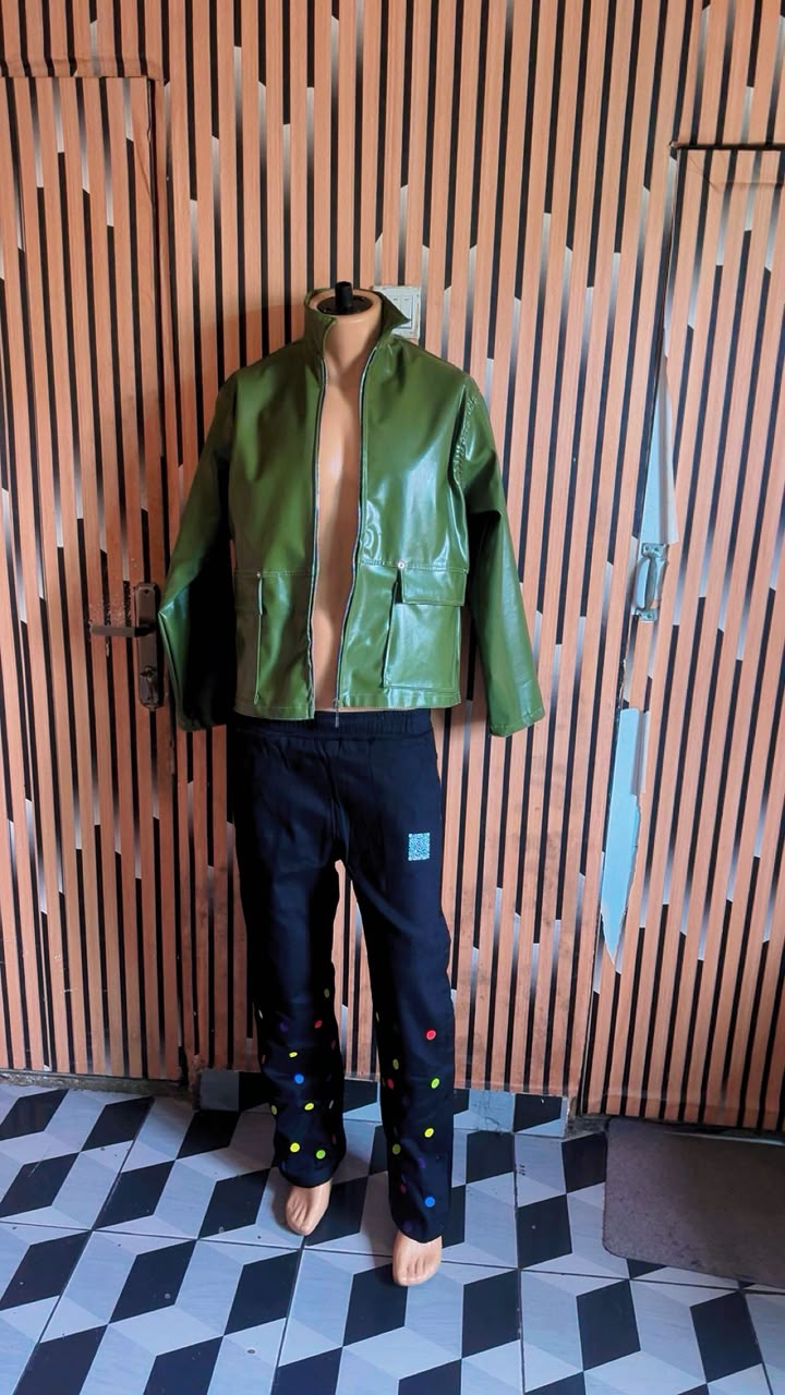 ULC Green Faux Leather Jacket & Navy Polka Dot Pants Set - Front View